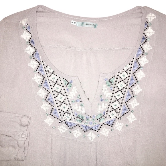 Aztec Beaded & Embroidered Peasant Boho Top Country Blue Gray Maurices Medium - Picture 2 of 15